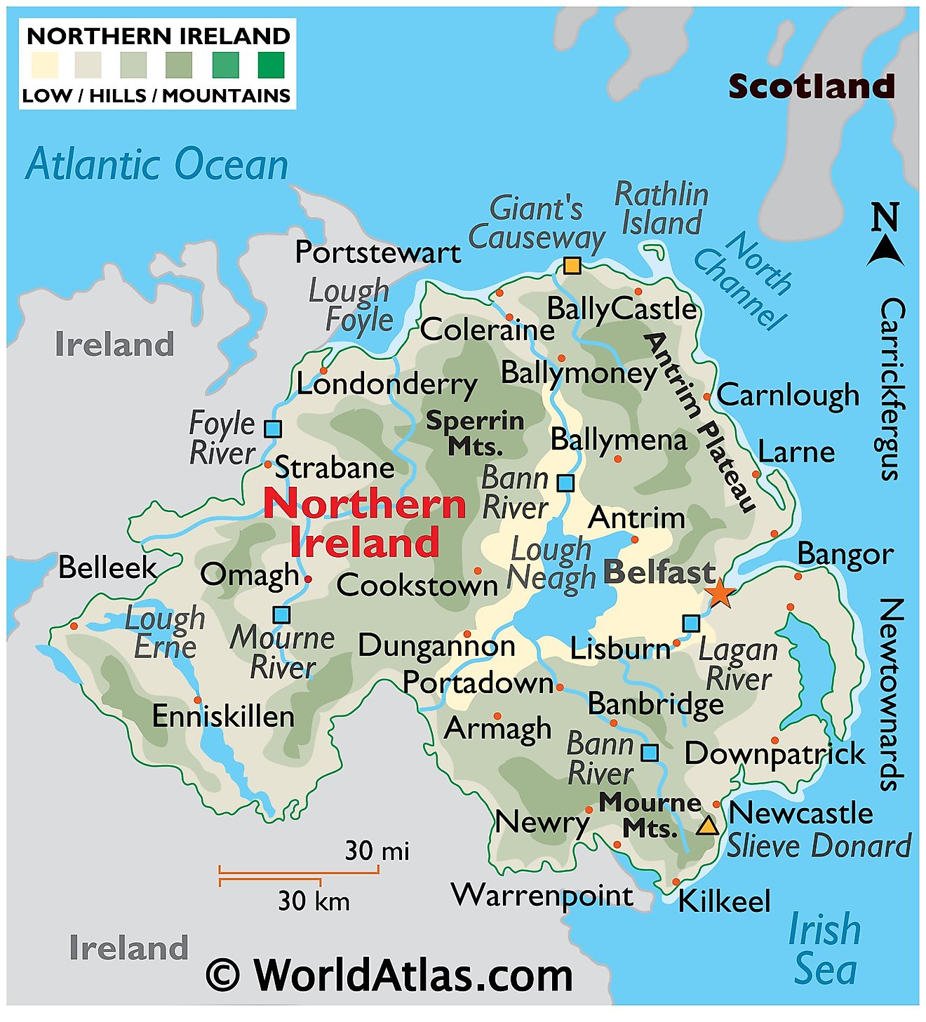 Mapa Físico de Irlanda del Norte. Muestra las características físicas de Irlanda del Norte, incluidas cadenas montañosas, mesetas, ríos importantes y lagos importantes. 