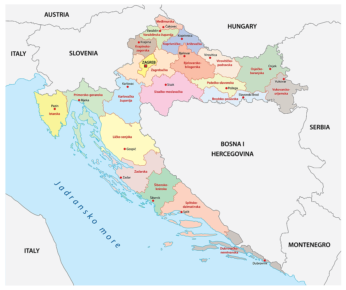 Political Map of Croatia showing its 20 counties and the capital city Zagreb.