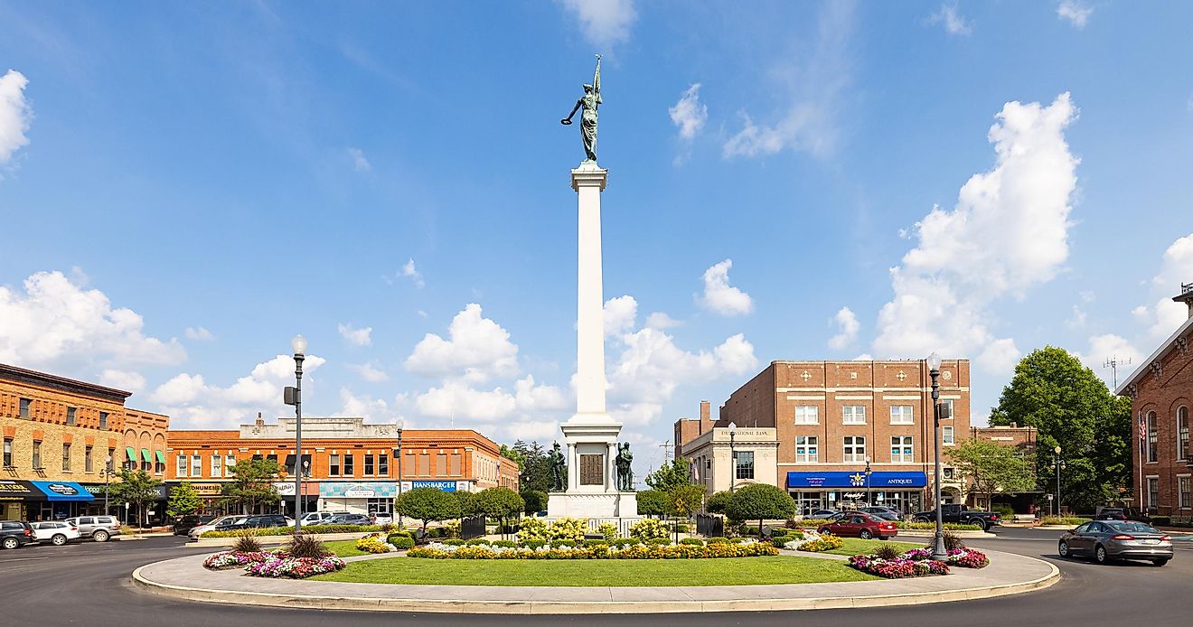 The Steuben County Soldiers Monument in downtown Angola, Indiana. Editorial credit: Roberto Galan / Shutterstock.com.