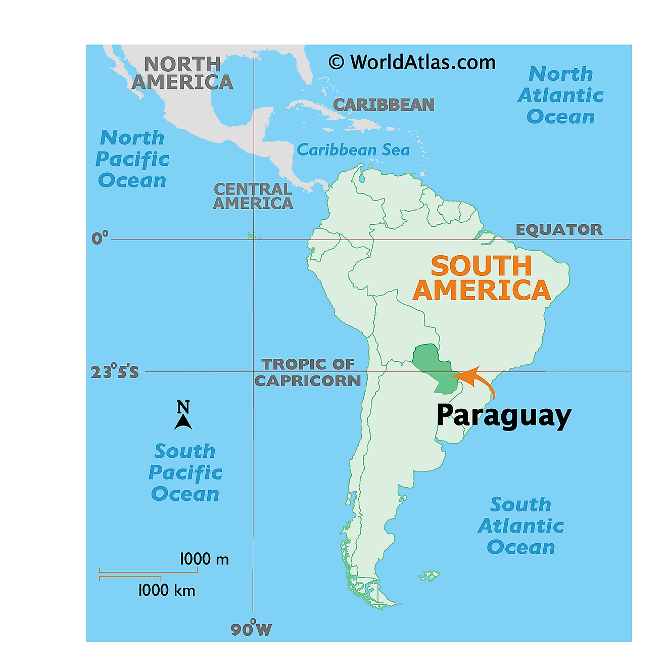 Mapa que muestra la ubicación de Paraguay en el mundo.