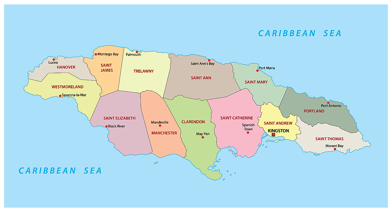 Mapa político de Jamaica que muestra sus 14 parroquias y la ciudad capital de Kingston.