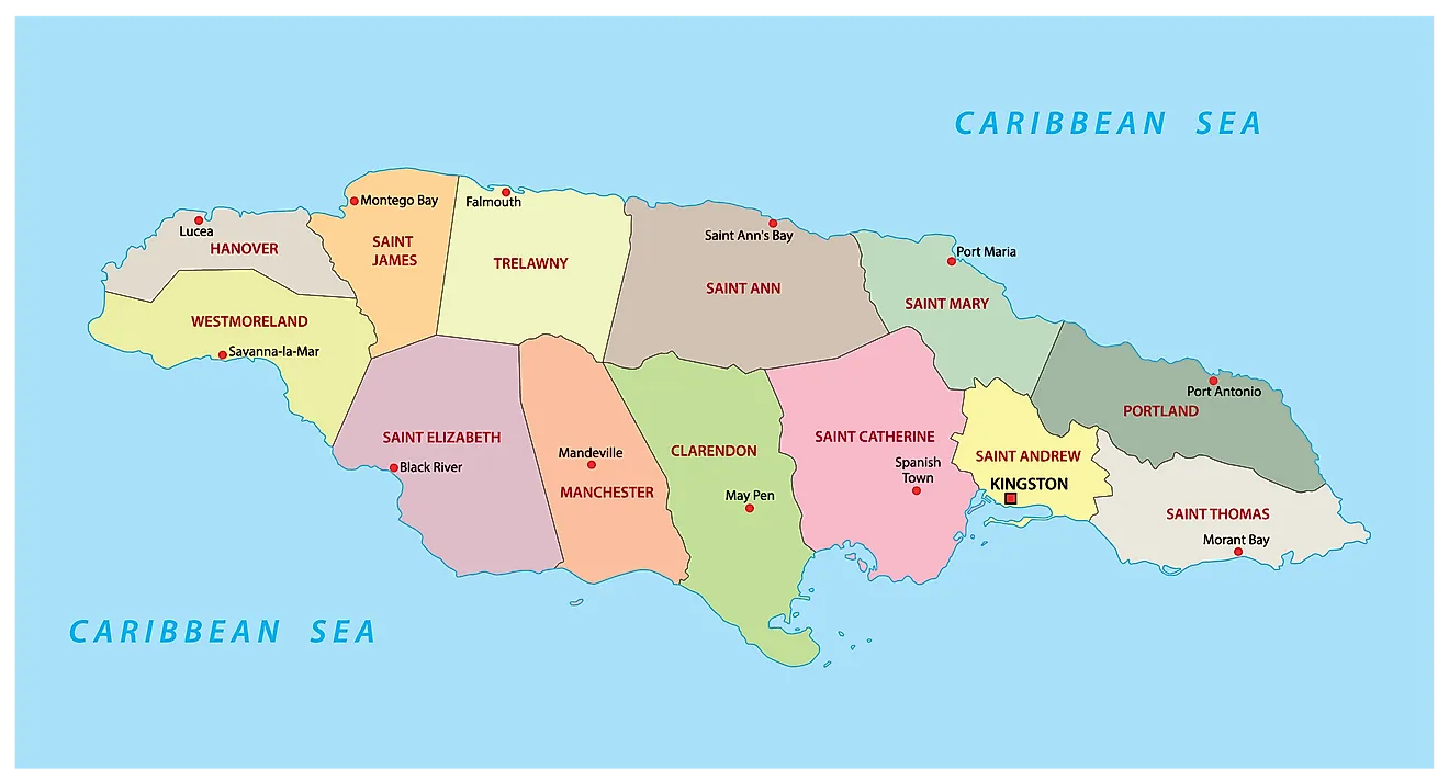 Political Map of Jamaica showing its 14 parishes and the capital city of Kingston.