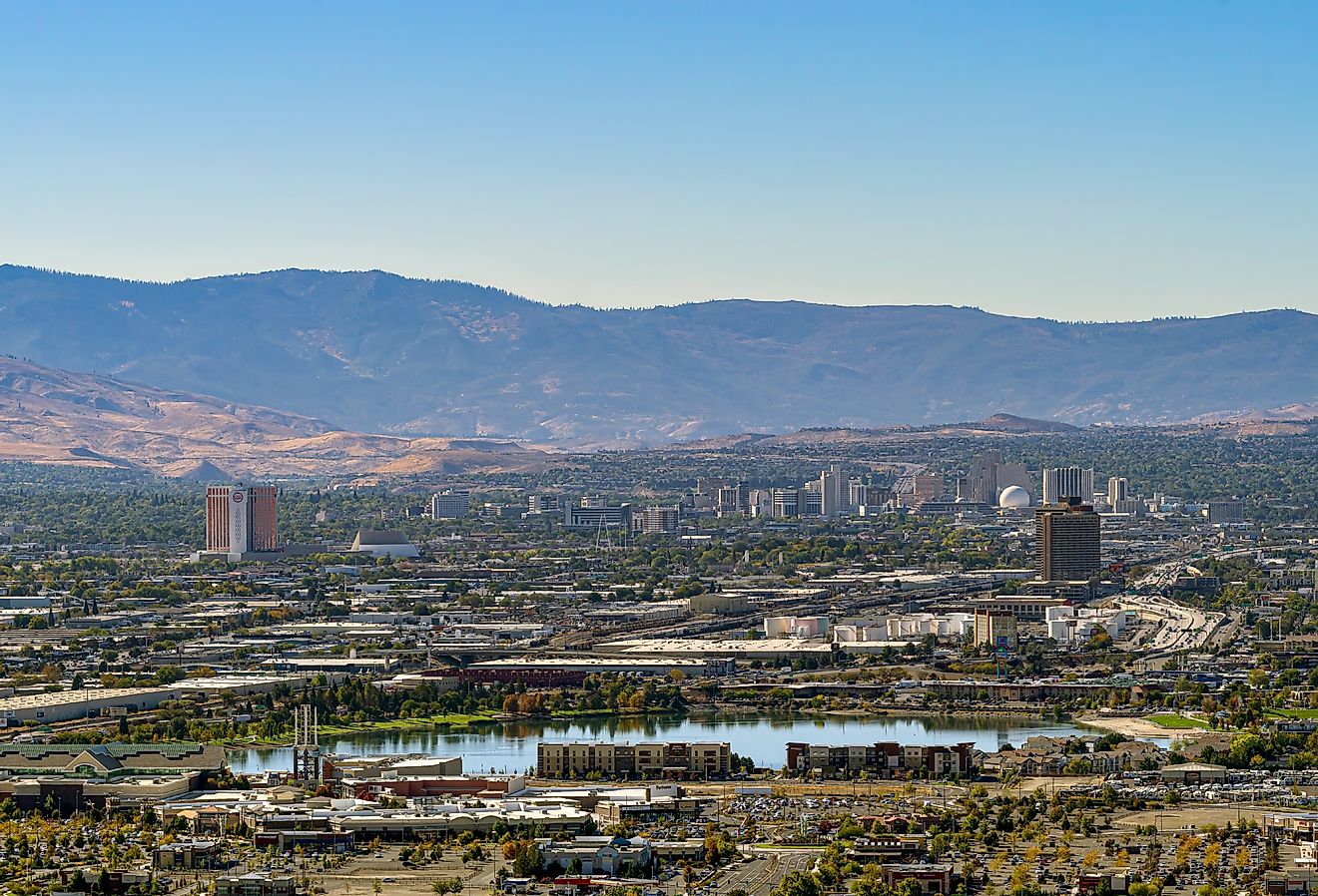Reno-Sparks, Nevada cityscape with hotels and casinos on a hazy autumn day. Image credit Gchapel via Shutterstock