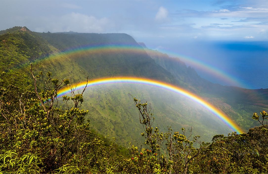 A double rainbow seen in Kauai, Hawaii.
