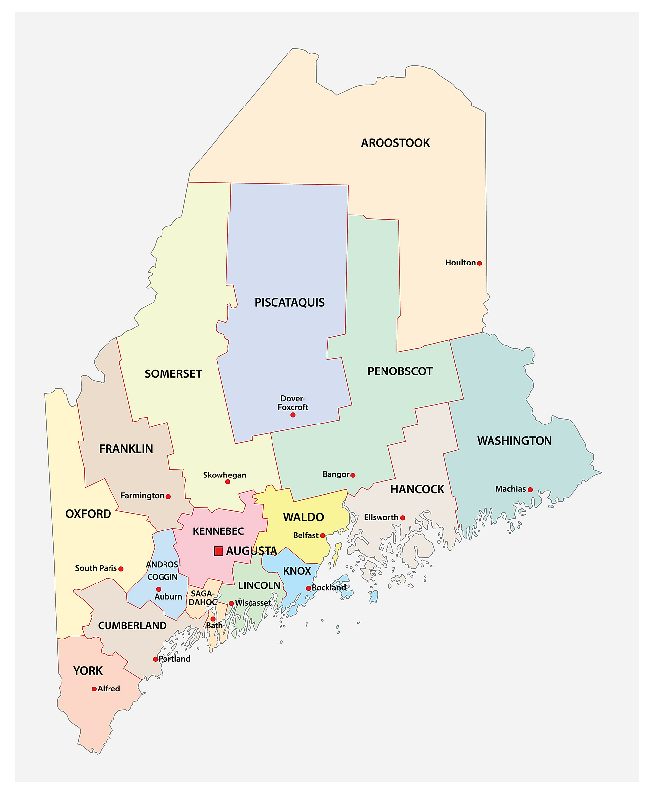 Mapa administrativo de Maine que muestra sus 16 condados y la ciudad capital - Augusta