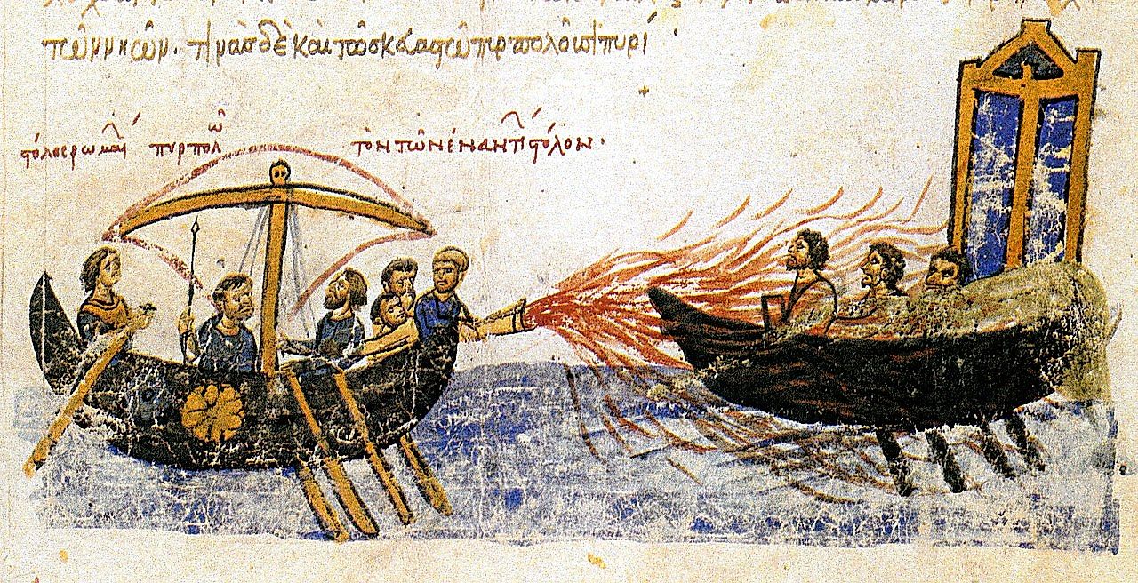 Greek fire, first used by the Byzantine Navy during the Arab–Byzantine Wars.