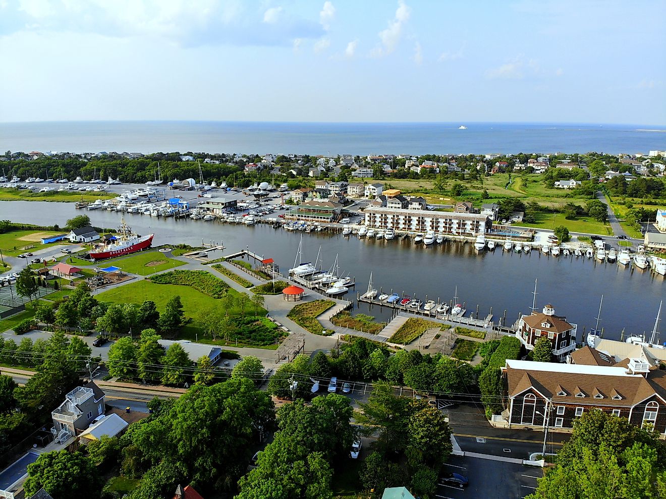  The aerial view of the beach town of Lewes, Delaware.