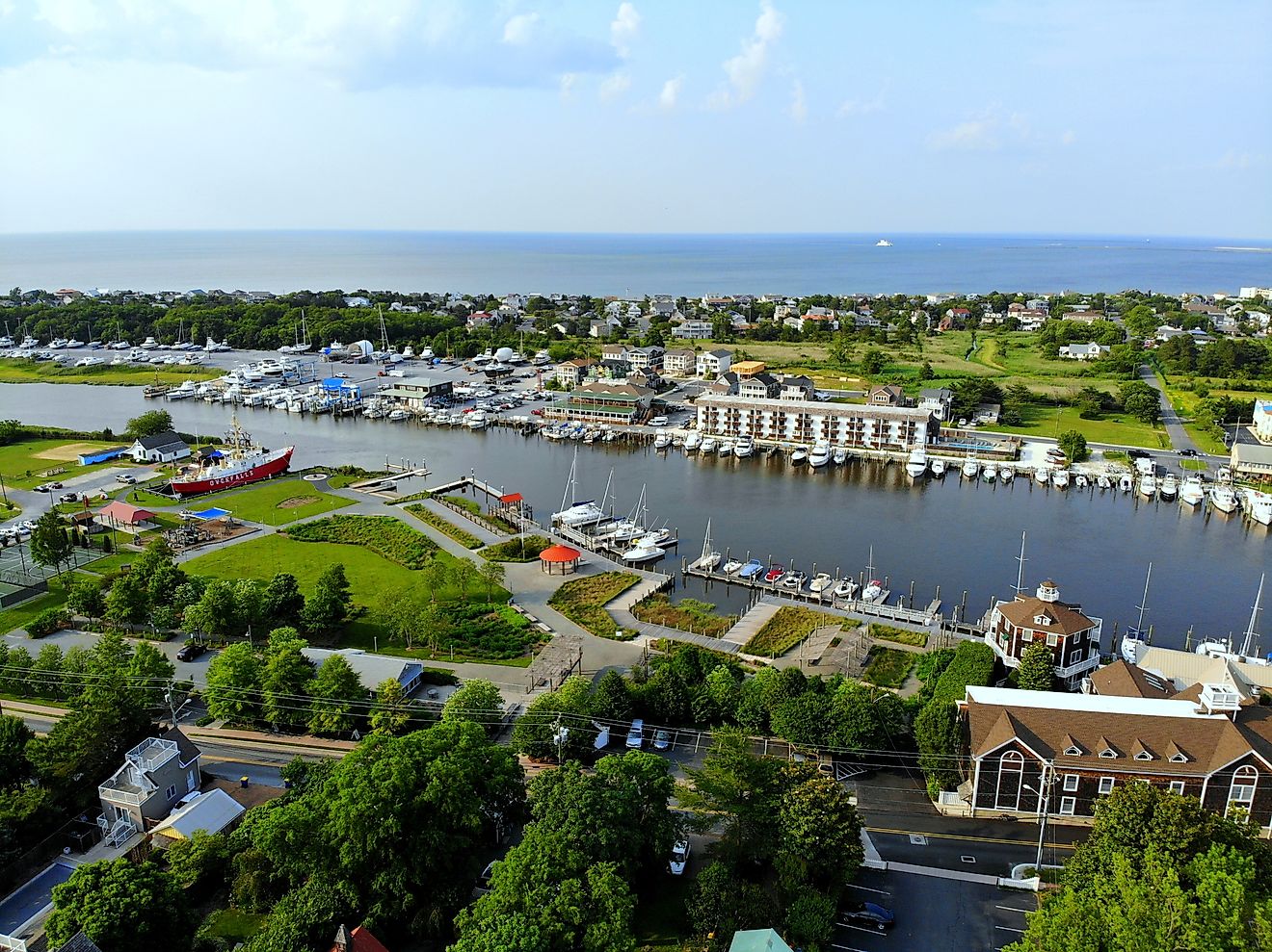  The aerial view of the beach town of Lewes, Delaware.