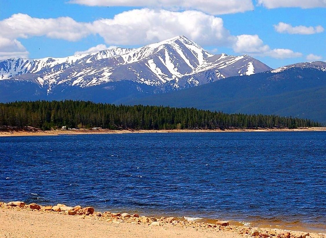 Mount Elbert, the tallest mountain in the Rockies as seen from the Turquoise Lake.