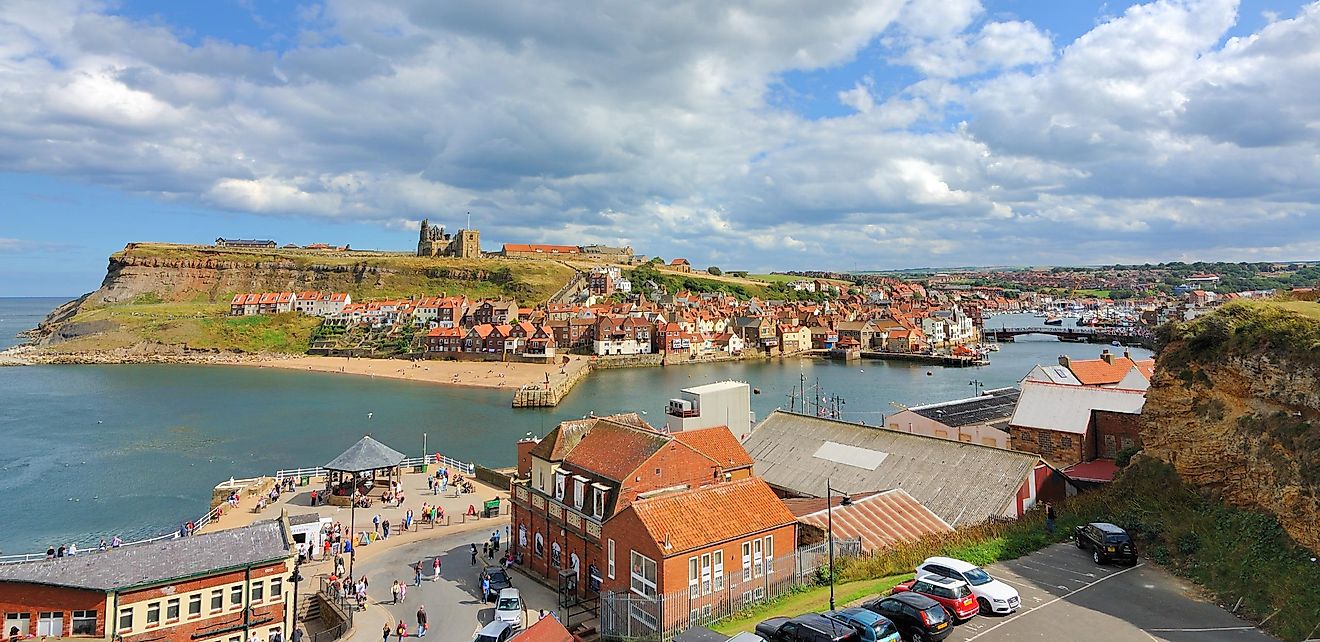 Panoramic view of the town and Whitby Abbey in Whitby, England.