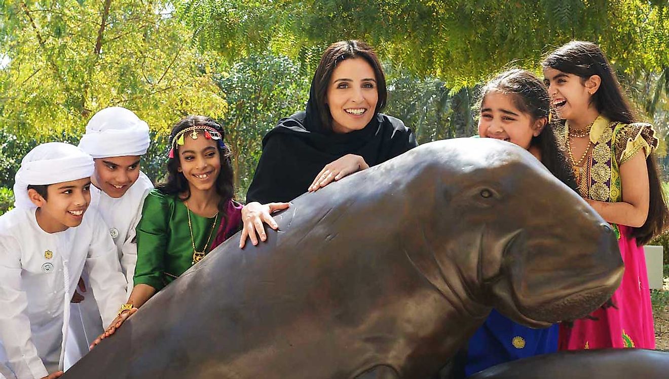 Razan Al Mubarak teaching children about dugong conservation. The Mohamed bin Zayed Species Conservation Fund is the Executing Agency of the Dugong and Seagrass Conservation Project.