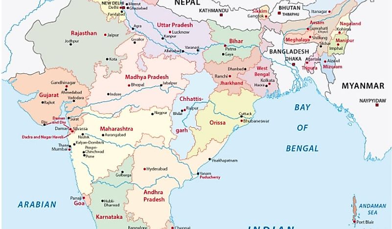 A map showing some of the administrative divisions of India. 