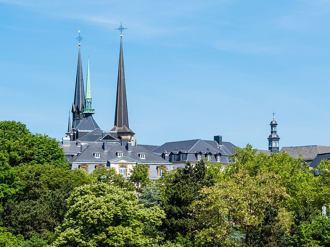 The spires of a Catholic church in Luxembourg. 