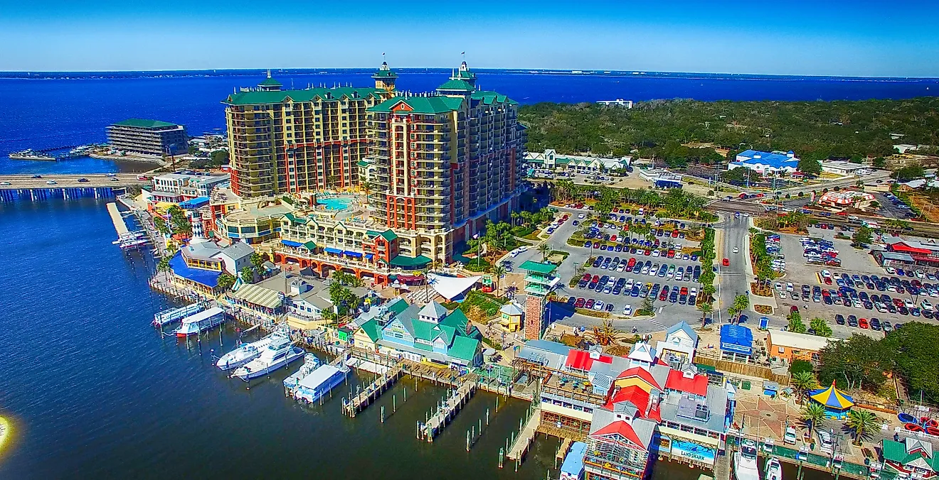 Harborwalk Village sign in Destin, Florida, USA. Editorial credit: Andriy Blokhin / Shutterstock.com