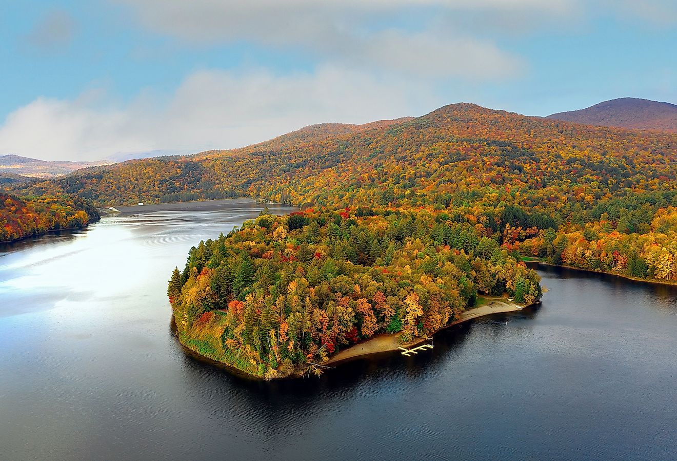 Colorful aerial view of Waterbury Reservoir near in Waterbury Vermont during the fall.