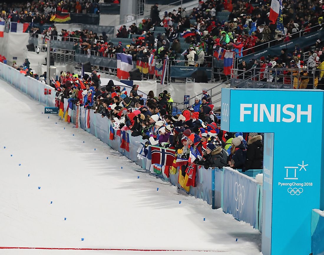 Finish line with English "FINISH" in large letters during PyeongChang 2018 in South Korea. Editorial credit: Leonard Zhukovsky / Shutterstock.com