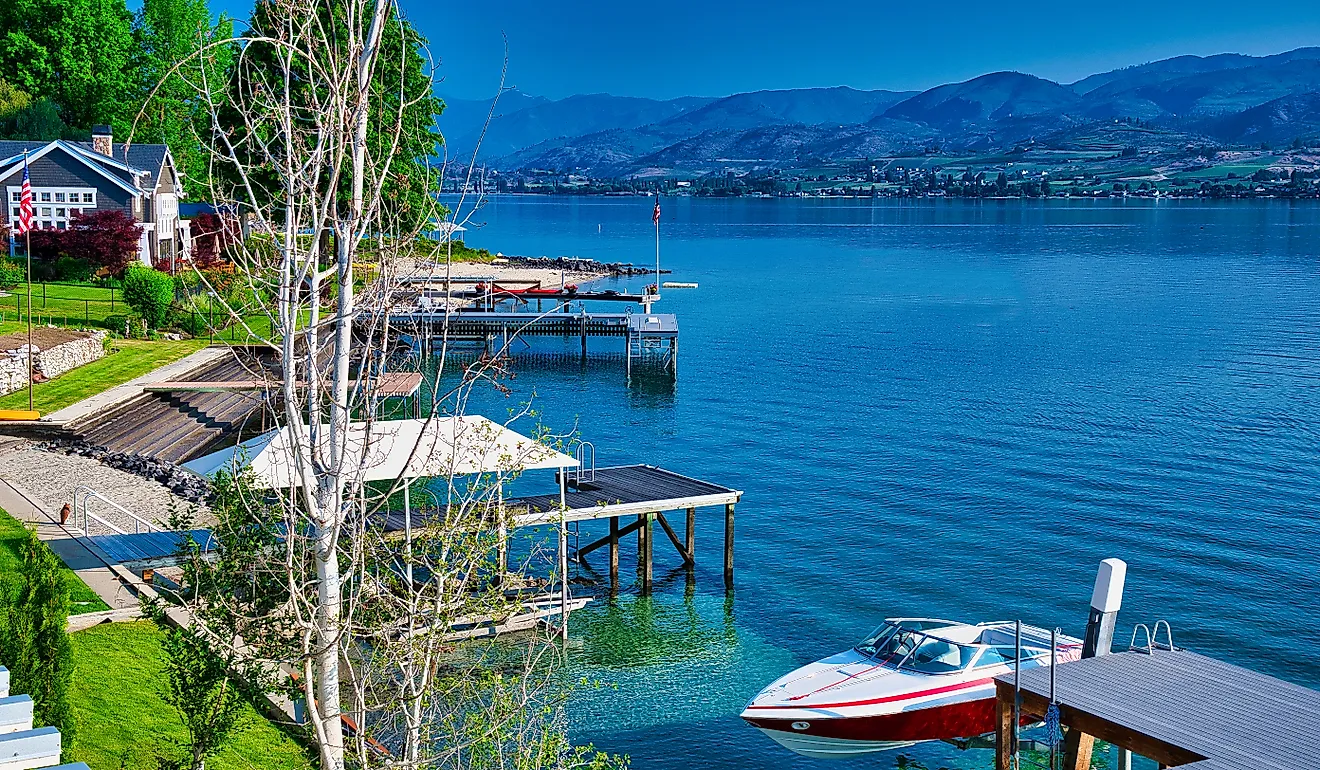 Lake Chelan stretching northwest into the Cascades from the town of Chelan, Washington.