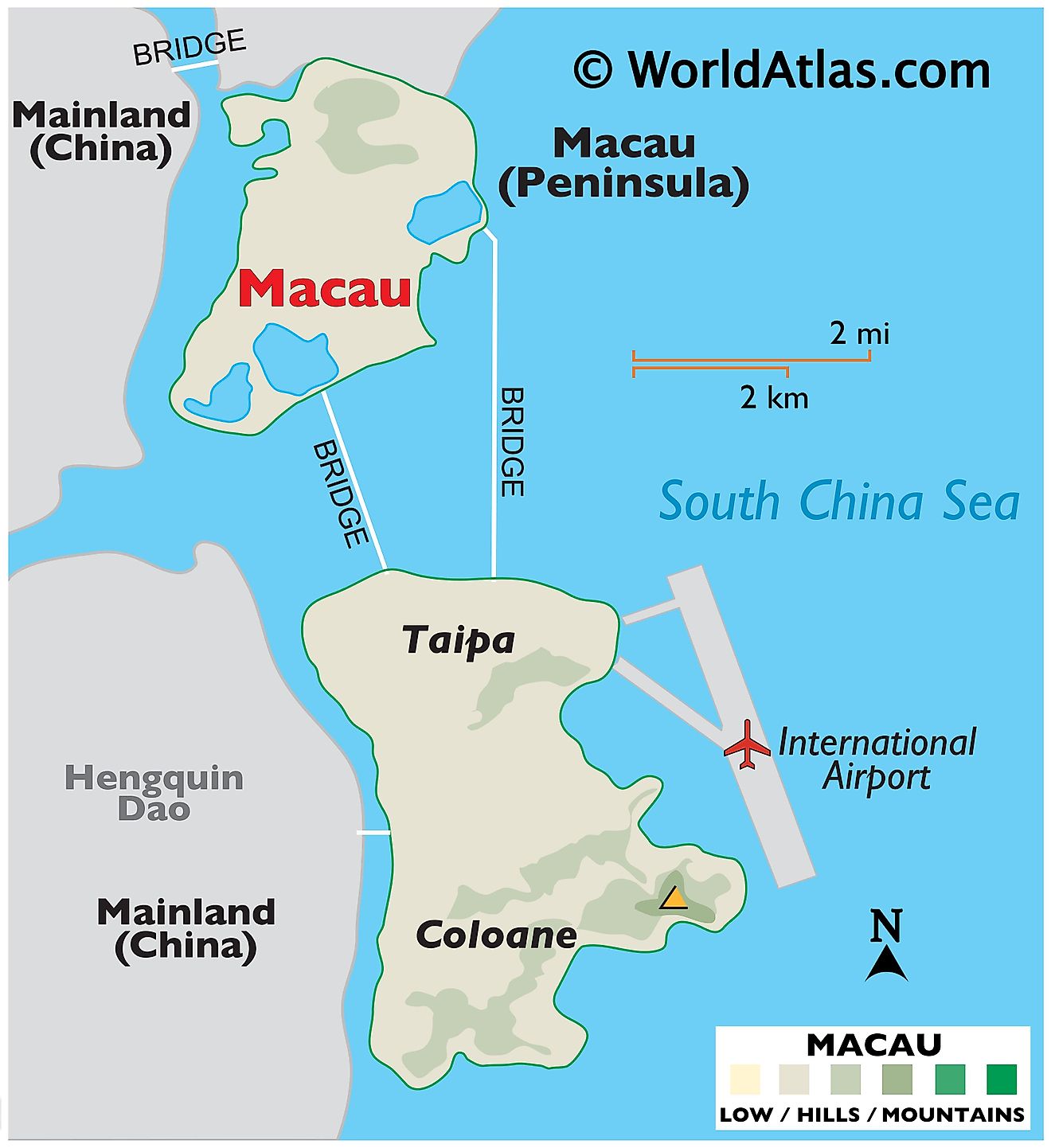 Mapa físico de Macao que muestra la península de Macao, las islas de Coloane y Taipa, los estados circundantes, etc.