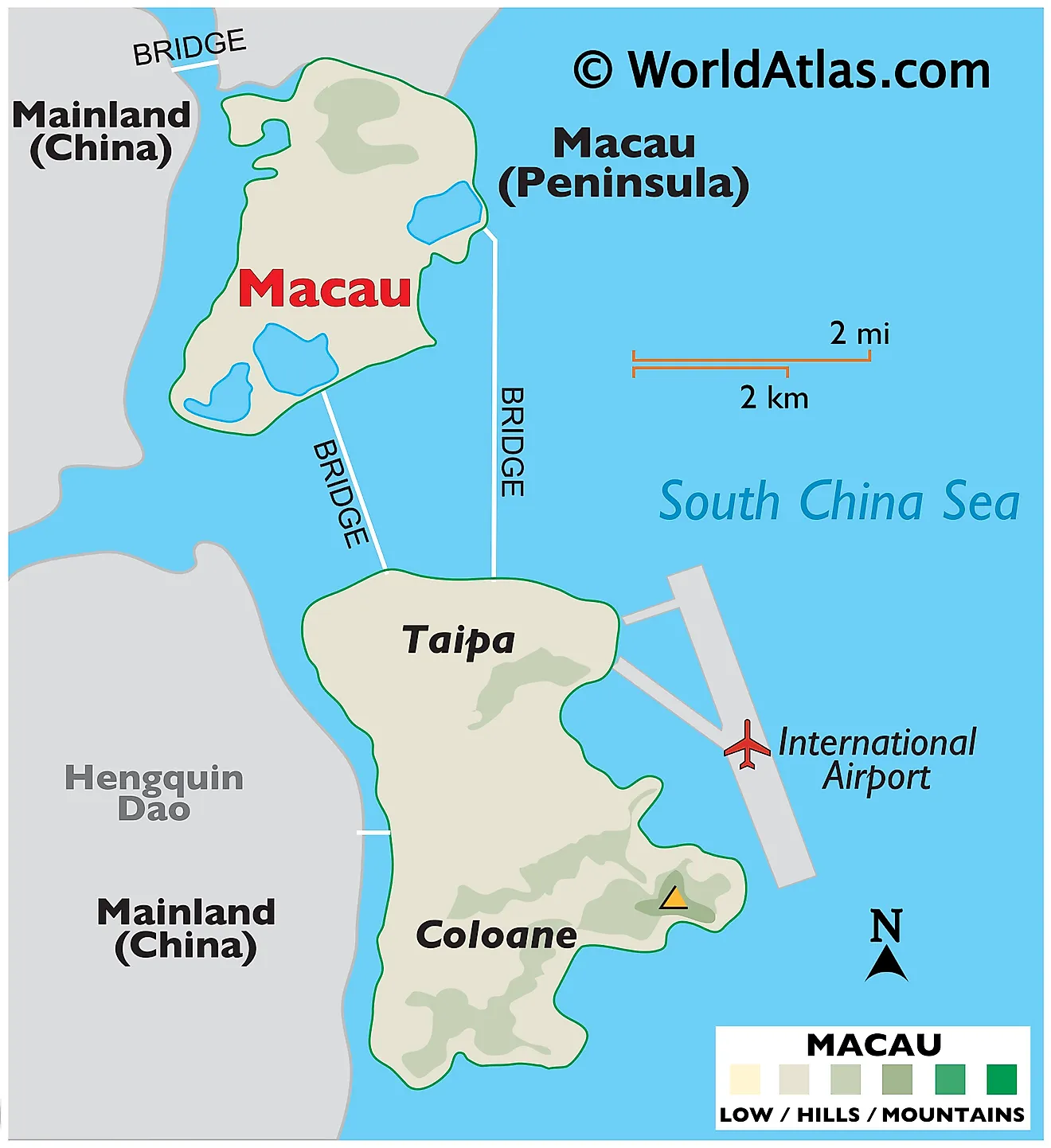 Physical Map of Macao showing the Macao Peninsula, islands of Coloane and Taipa, the surrounding states, etc