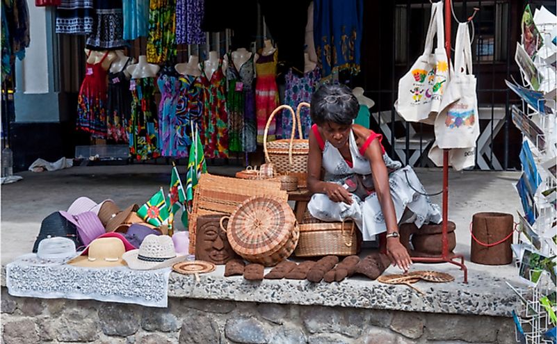  A souvenirs vendor along the main harbor street in Roseau, Dominica. 
