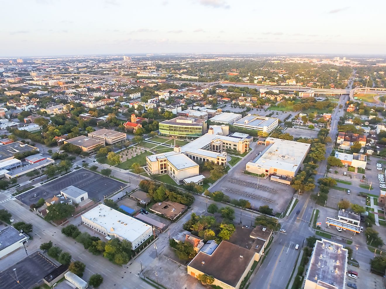 Aerial view business management district in midtown Houston, Texas.