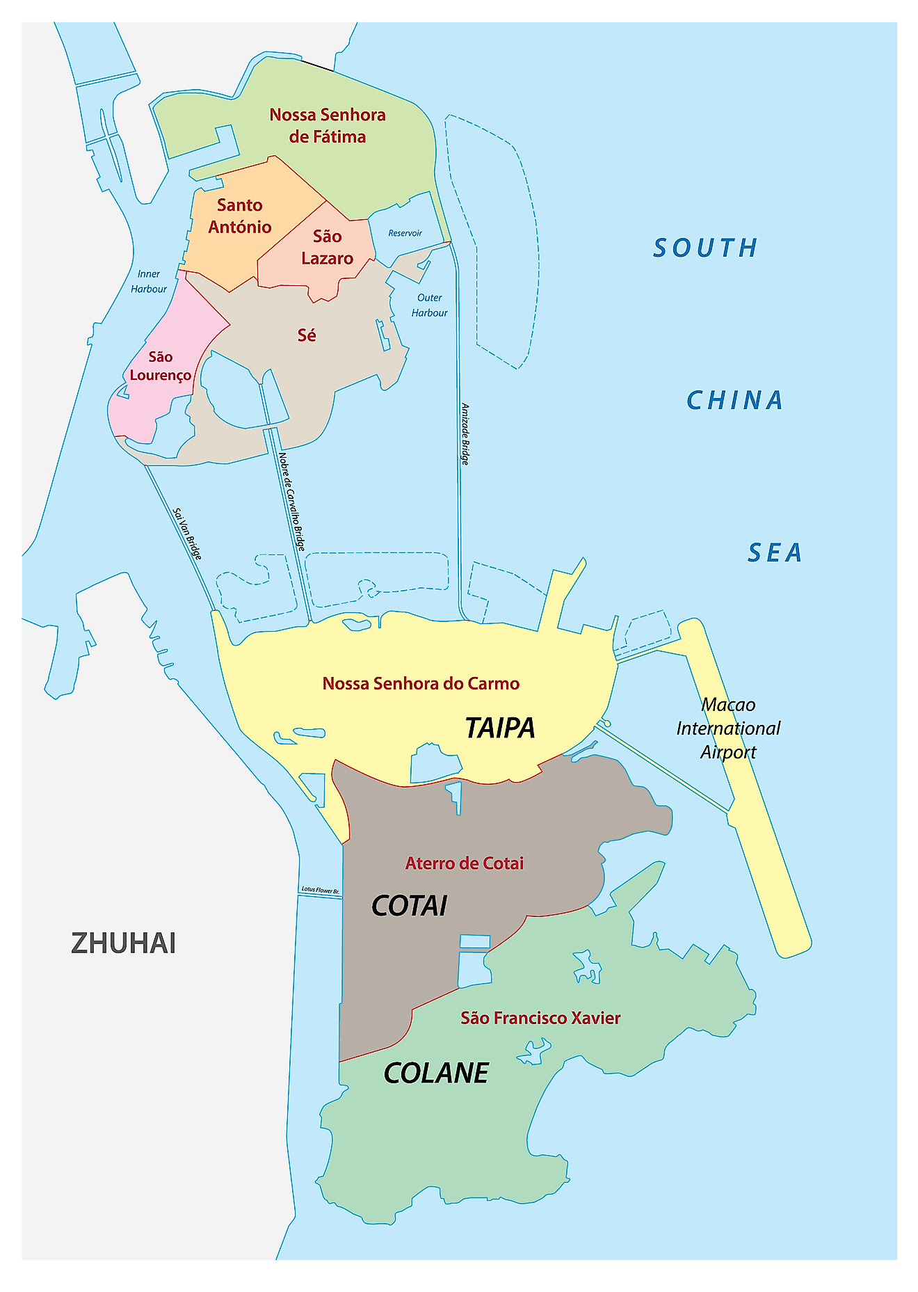 Mapa político de Macao que muestra sus 7 parroquias y territorio especial de Cotai