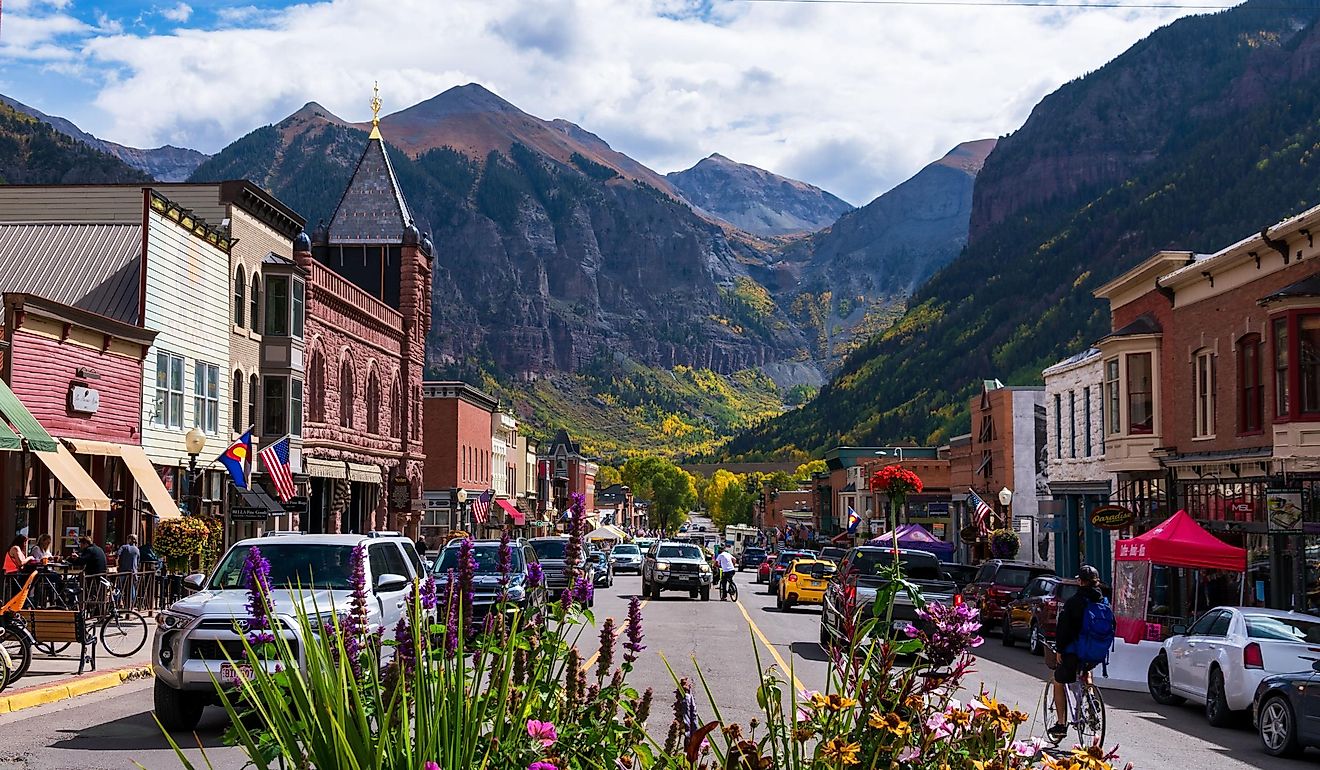 Busy day on Main Street, Colorado Avenue, in downtown Telluride - Telluride, Colorado, USA. Editorial credit: Michael Vi / Shutterstock.com