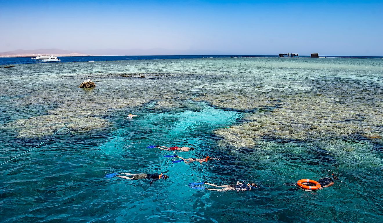 Snorkellers on Jackson Reef in the Straits of Tiran near Sharm el Sheikh, Egypt.