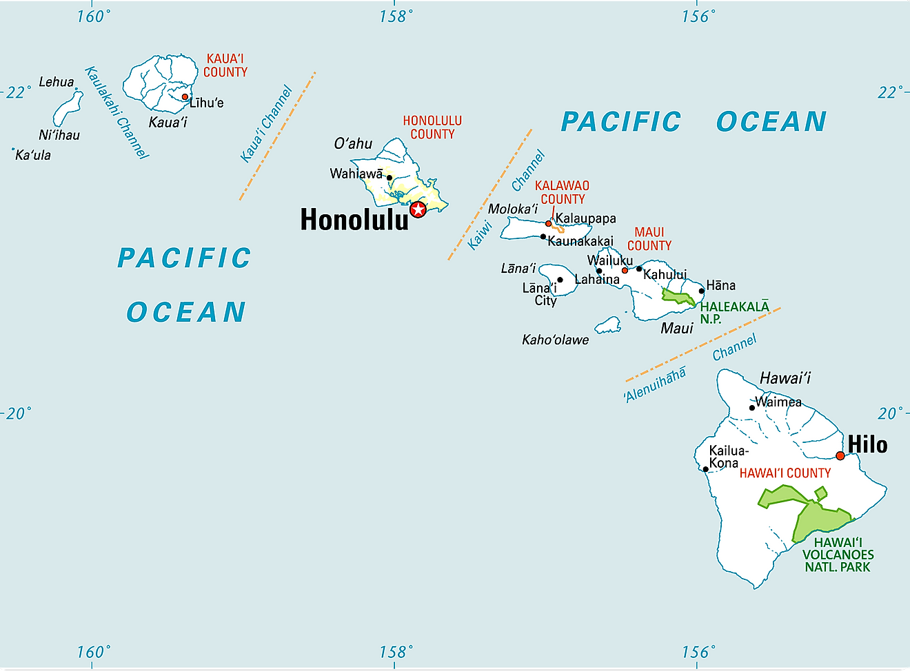 Mapa administrativo de Hawái que muestra sus 5 condados y la ciudad capital - Honolulu
