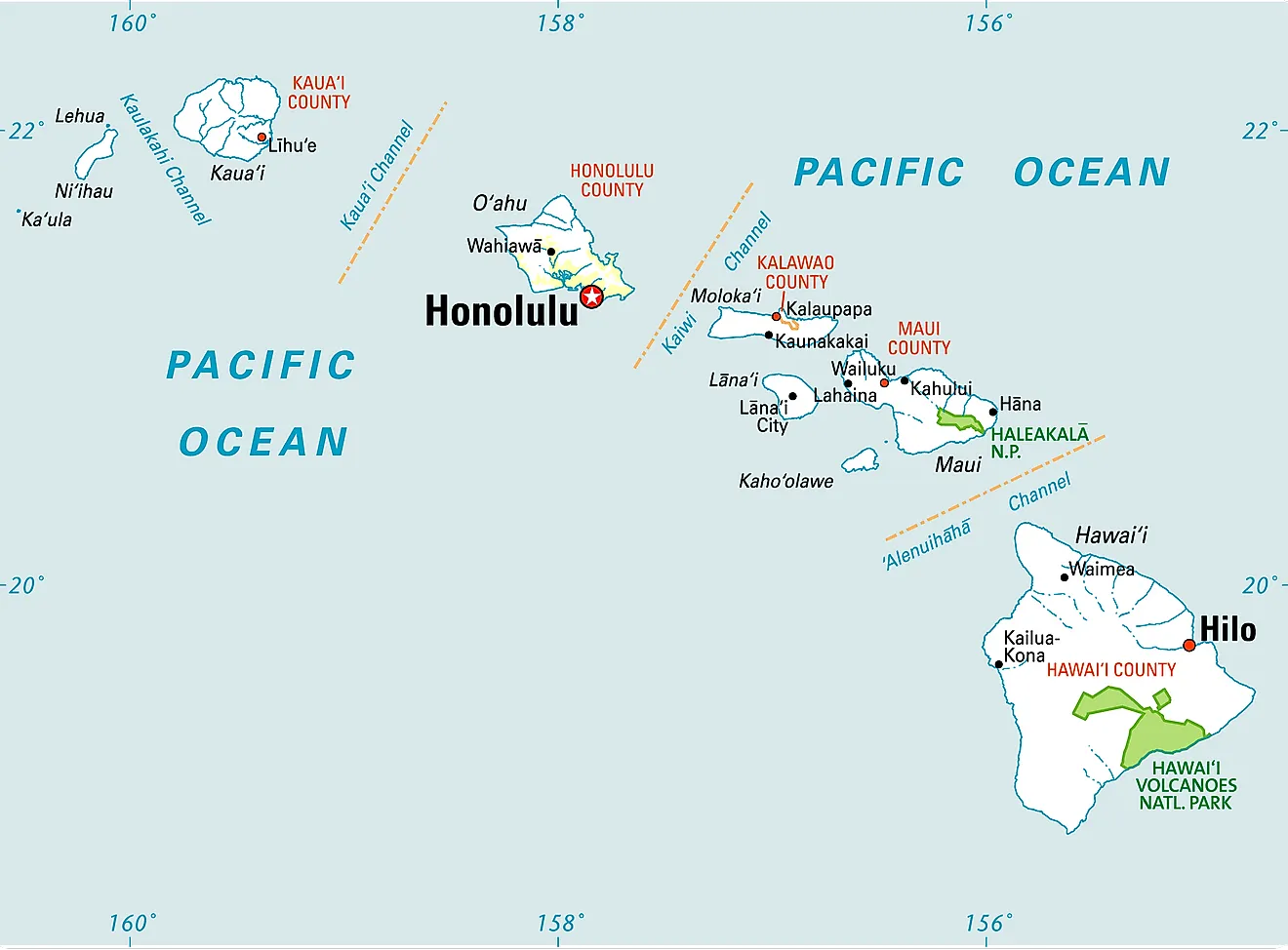 Administrative Map of Hawaii showing its 5 counties and the capital city - Honolulu