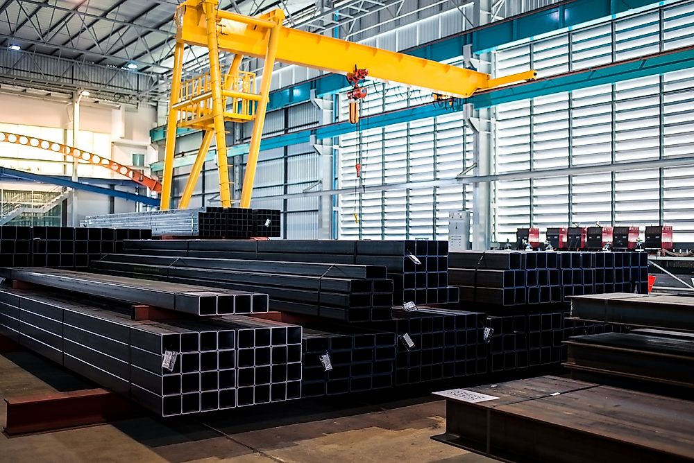 Supplies of iron and steel sitting in a warehouse awaiting shipments. 