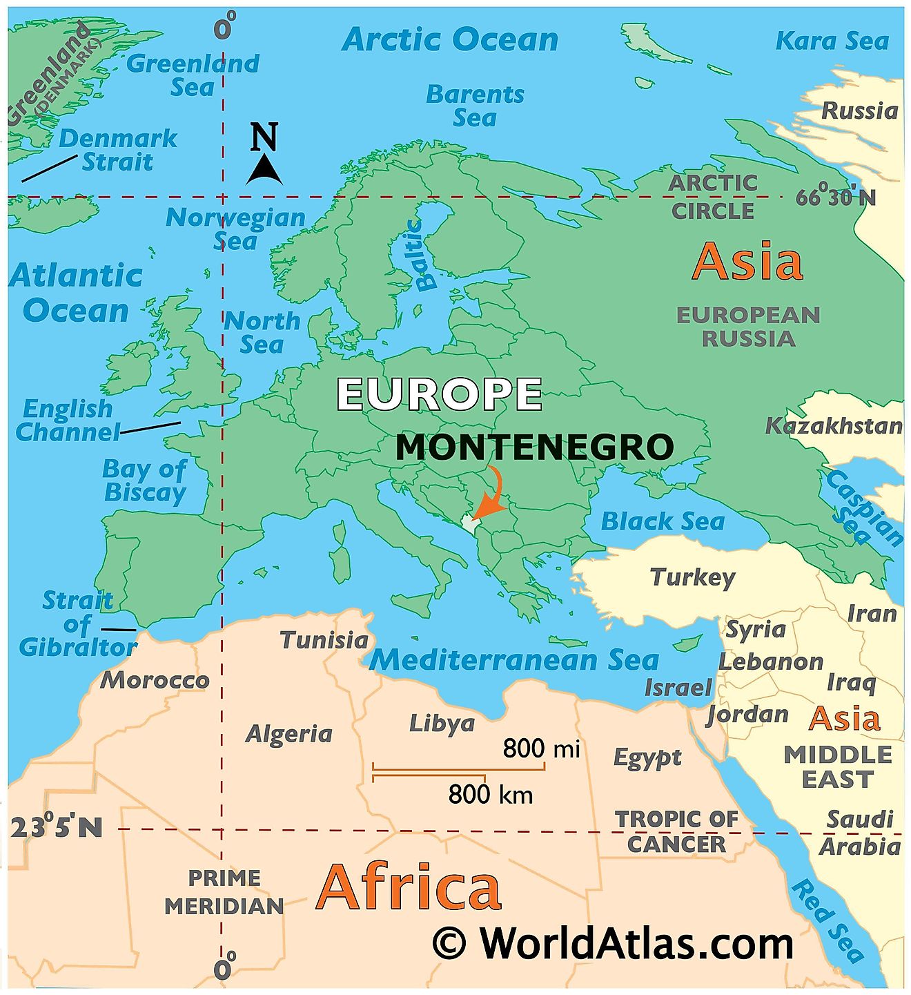 Map showing location of Montenegro in the world.