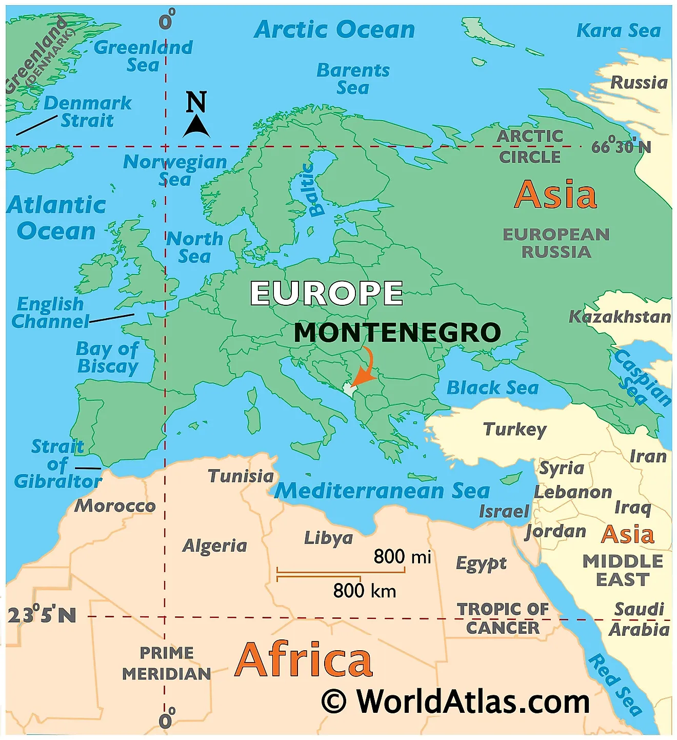 Map showing location of Montenegro in the world.