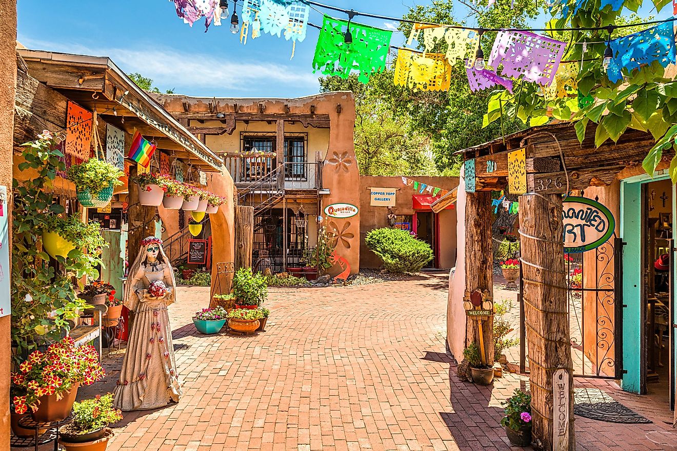ALBUQUERQUE, NEW MEXICO - JUNE 29, 2019: Old Town shops and restaurants in historic Albuquerque. Editorial Credit: Sean Pavone via Shutterstock