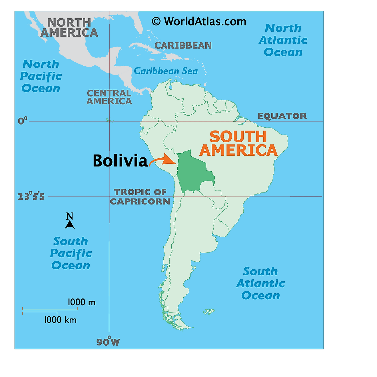 Map showing location of Bolivia in the world.