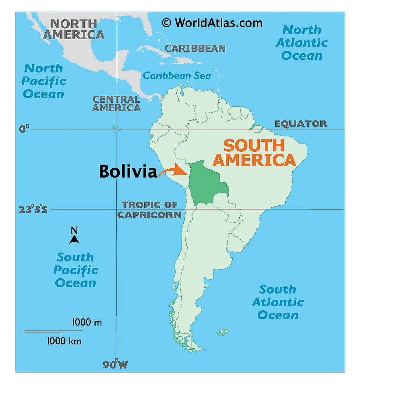 Map showing location of Bolivia in the world.