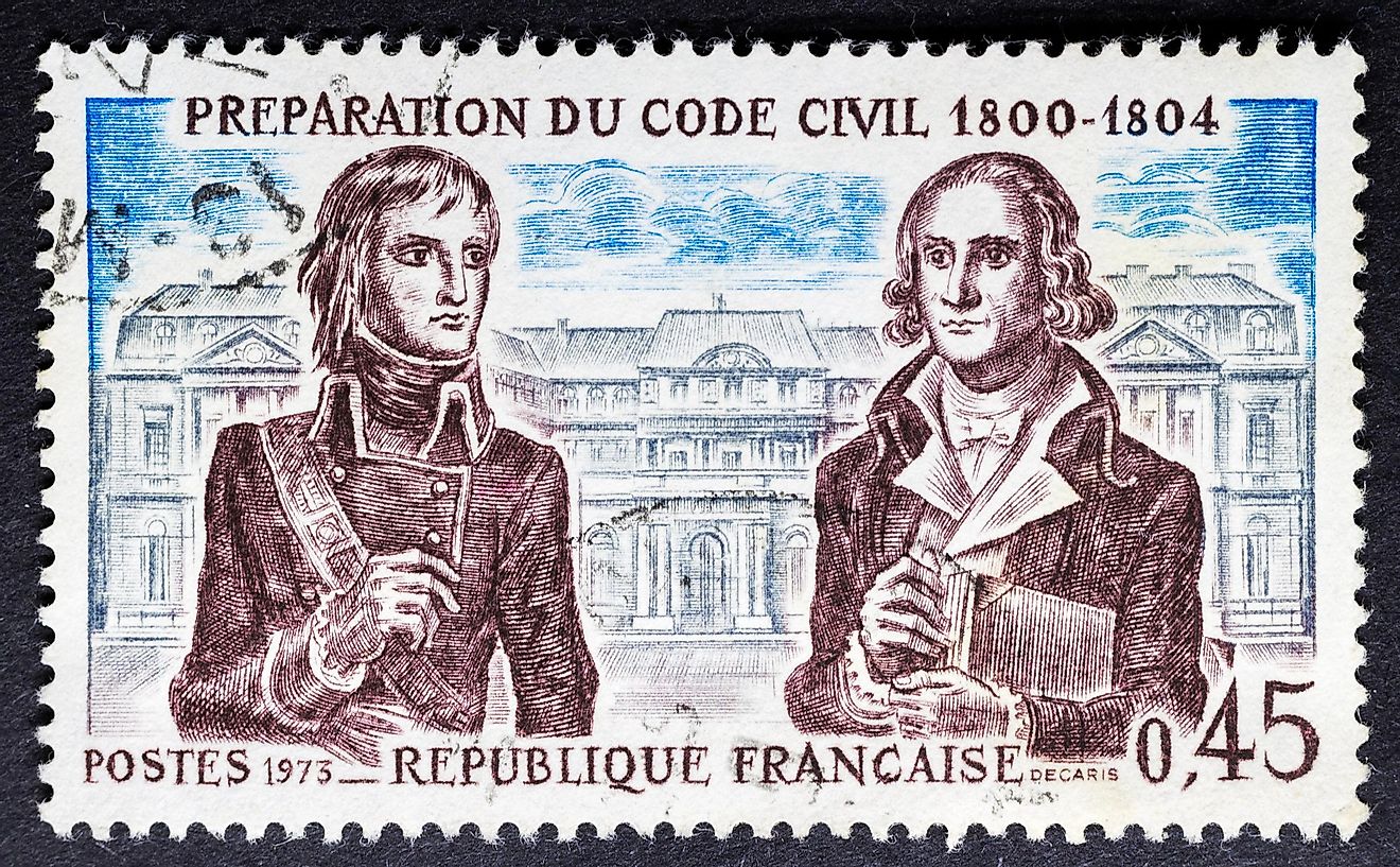 Postage stamp featuring Napoleon Bonaparte (left) and Jean Portalis (right). 