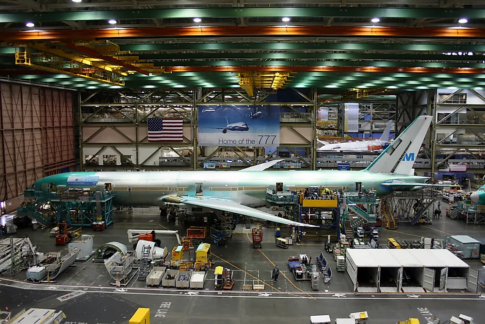 Inside the world's largest factory in Everett, Washington. Editorial credit: First Class Photography / Shutterstock.com.