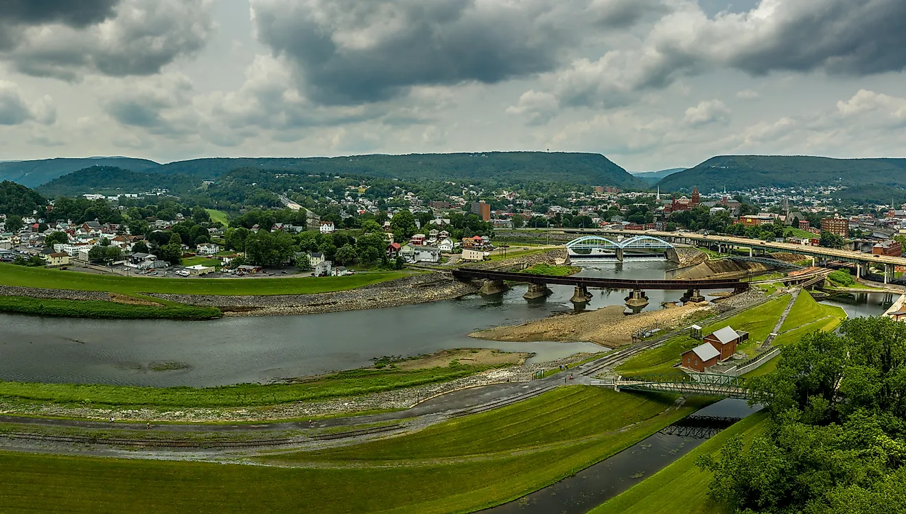 Cumberland Maryland with bridges over the Western Potomac River 