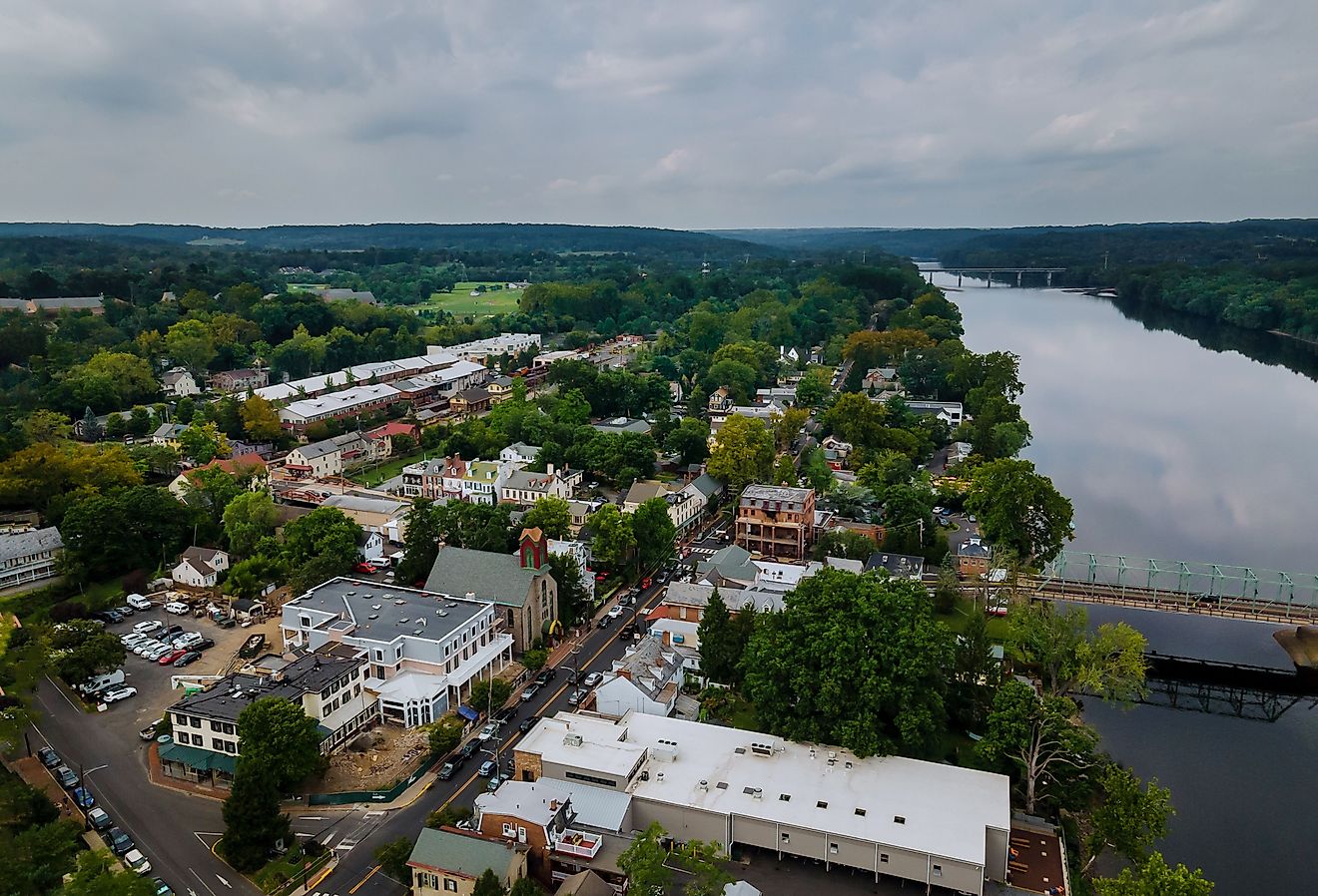 Aerial overhead landscape neighborhood in the small town historic New Hope Pennsylvania, view of Delaware River.