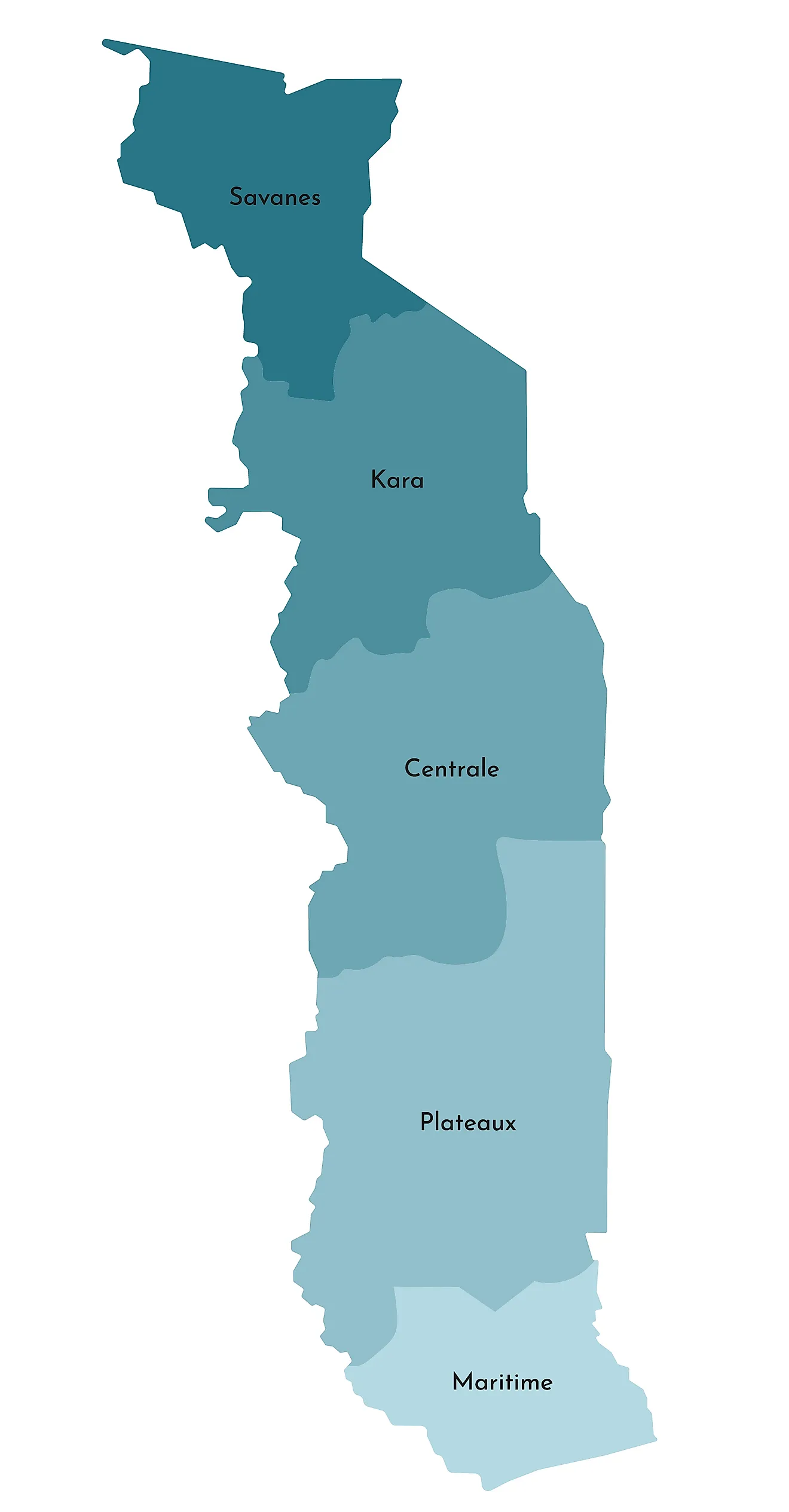 The Political Map of Togo showing its four regions, their capital cities, and the national capital of Lomé.