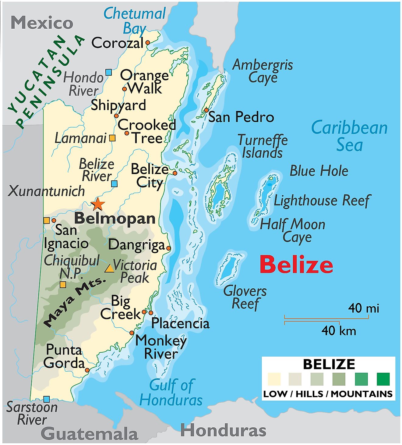 Mapa físico de Belice que muestra el relieve, los ríos principales, el Agujero Azul, arrecifes en alta mar, islas, arroyos, cayos y más.