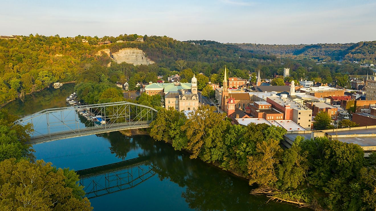 View of the Kentucky River running alongside downtown Frankfort, Kentucky.