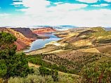 Aerial view of Flaming Gorge National Recreation Area located between Utah and Wyoming, a reservoir on the Green River, created by Flaming Gorge Dam