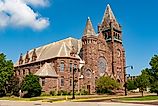An old stone church in downtown Galesburg, Illinois. 
