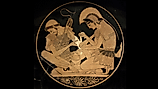 Achilles tending Patroclus wounded by an arrow, identified by inscriptions on the upper part of the vase.