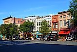 Vibrant buildings in the downtown area of Northampton, Massachusetts.