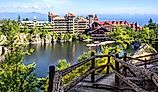 Scenic View of Mohonk Mountain House and Lake in New Paltz, New York.