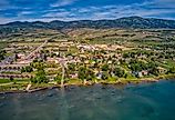 Aerial view of Garden City, Utah, on the shore of Bear Lake.