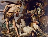 Cadmus fighting the Dragon. Cadmus is believed to be the first leader of Thebes. Illustration by: Hendrick Goltzius.